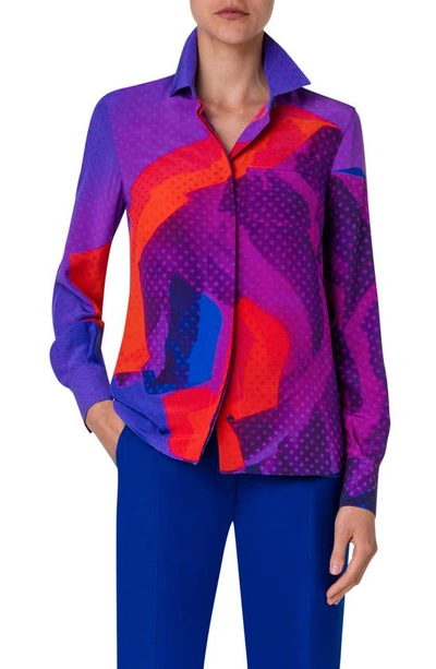 Shop Akris Dot Print Colorblock Silk Crepe Button-up Shirt In 067 Purple-multicolor