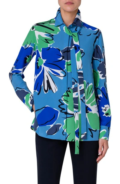 Shop Akris Abraham Floral Print Silk Crepe Button-up Shirt In 075 Denim-leaf
