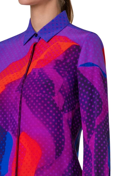 Shop Akris Dot Print Colorblock Silk Crepe Button-up Shirt In 067 Purple-multicolor