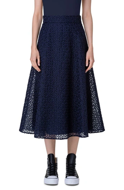 Shop Akris Embroidered Floral Organza A-line Skirt In 079 Navy