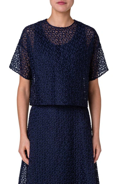 Shop Akris Floral Embroidered Organza Top In 079 Navy