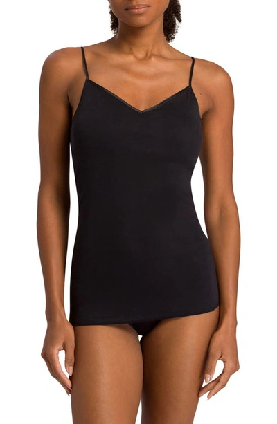Hanro Cotton Seamless V-neck Spaghetti Camisole In Black