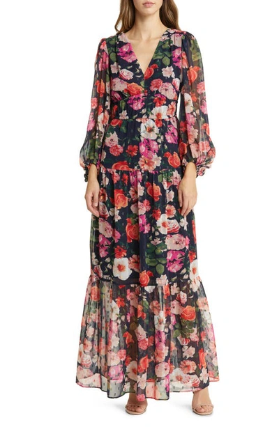 Shop Eliza J Floral Long Sleeve Chiffon Maxi Dress In Navy Multi