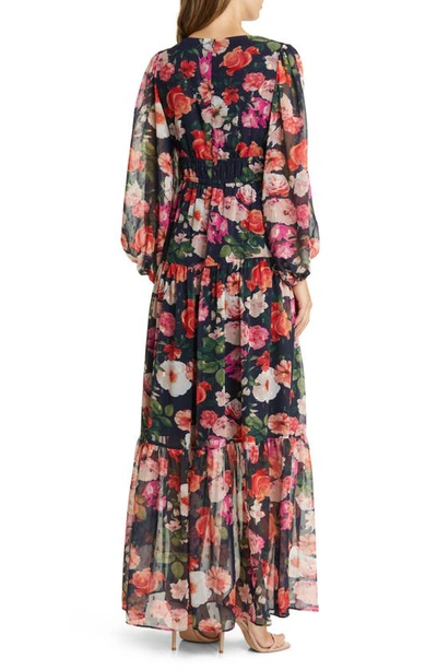 Shop Eliza J Floral Long Sleeve Chiffon Maxi Dress In Navy Multi
