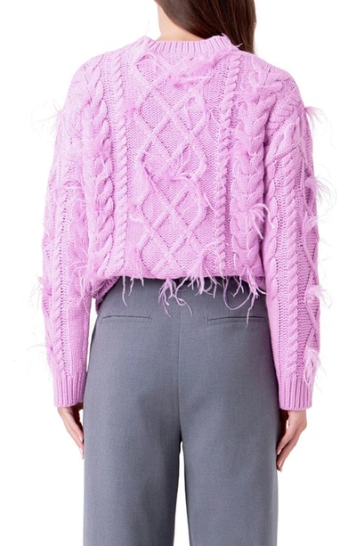 Shop Endless Rose Feather Trim Cable Knit Sweater In Lilac