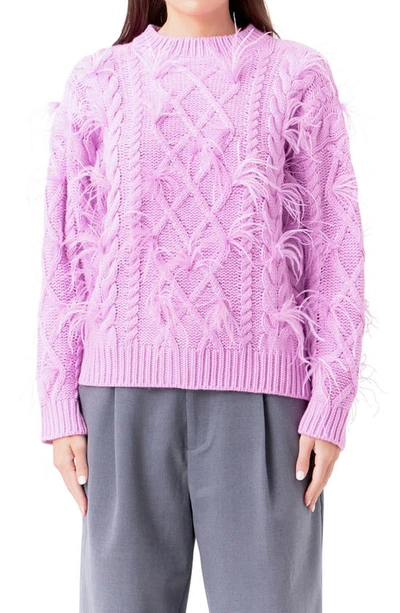 Shop Endless Rose Feather Trim Cable Knit Sweater In Lilac