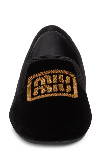 Shop Miu Miu Pantofola Logo Embroidered Velvet Flat In Black