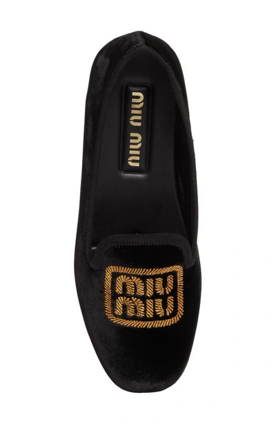 Shop Miu Miu Pantofola Logo Embroidered Velvet Flat In Black