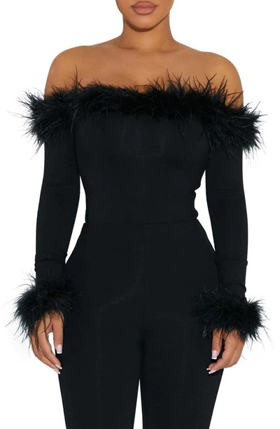 Shop Naked Wardrobe Ruffle My Feathers Off The Shoulder Bodysuit In Black