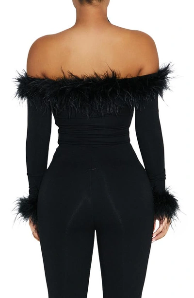 Shop Naked Wardrobe Ruffle My Feathers Off The Shoulder Bodysuit In Black