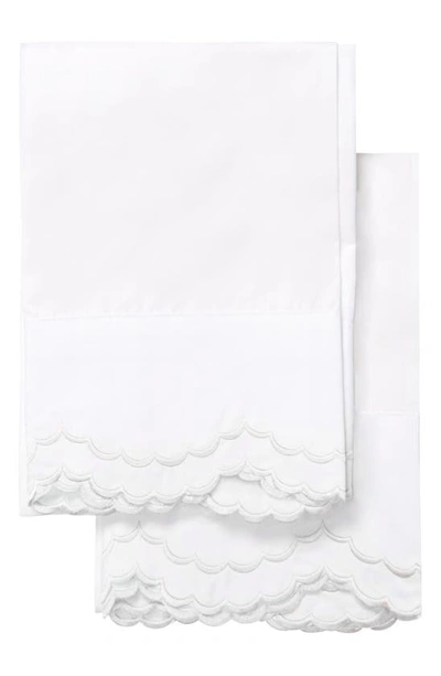 Melange Set Of 2 Double Scallop Embroidered 300 Thread Count Cotton Pillowcases In White