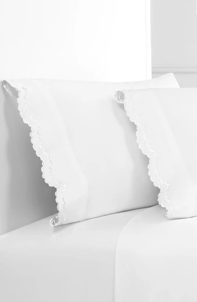 Melange Set Of 2 Double Scallop Embroidered 300 Thread Count Cotton Pillowcases In White