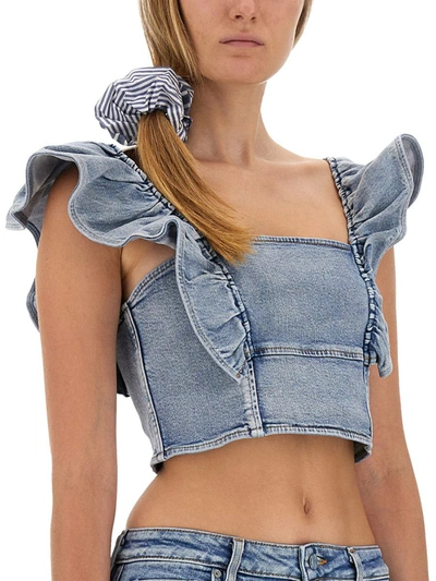 Shop Ganni Top With Ruffles In Blue