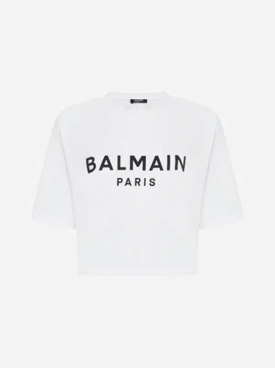 Shop Balmain Logo Cotton Cropped T-shirt In White,black