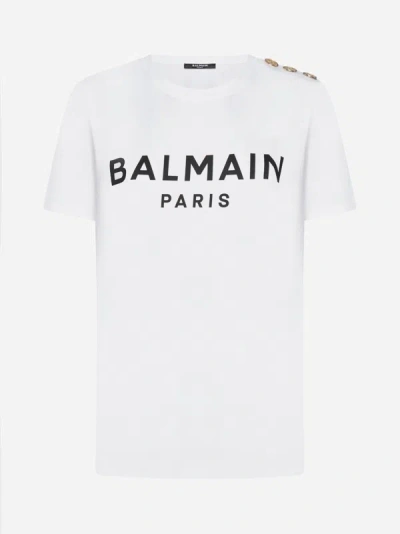 Shop Balmain Buttoned Logo Cotton T-shirt In White,black