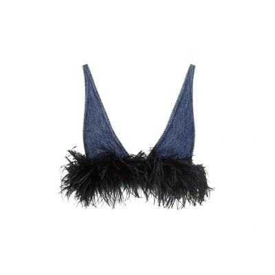 Shop Miu Miu Cotton Top With Feathers In Blue