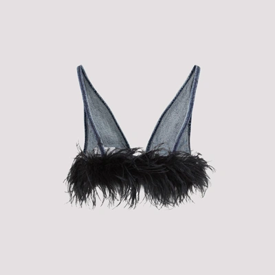 Shop Miu Miu Cotton Top With Feathers In Blue