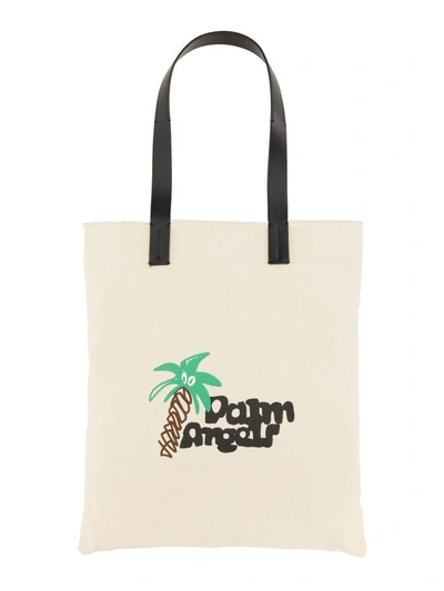 Shop Palm Angels Cotton Canvas Shopping Bag In White