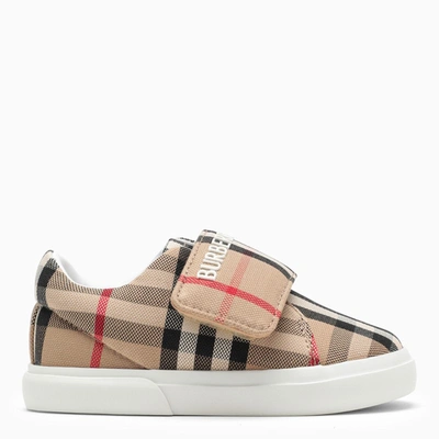 Shop Burberry Vintage Check Canvas Low Trainer In Beige
