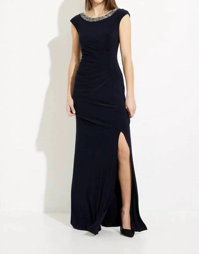 Shop Joseph Ribkoff Embellished Neckline Ruched Gown In Navy In Multi