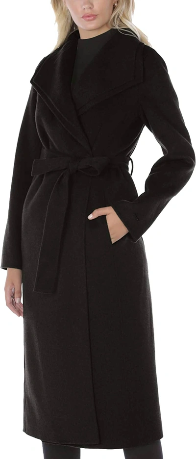 Shop T Tahari Women's Double Layered Collar Belted Wool Long Coat In Black