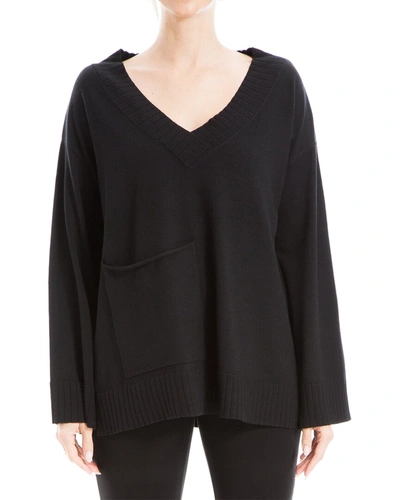 Shop Max Studio V-neck Boxy Pocket Sweater In Black
