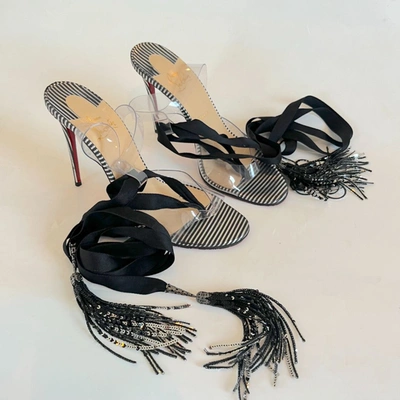 Pre-owned Christian Louboutin Silver/ Black Striped Sandal Heels, 40