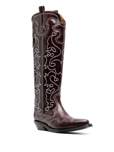 Shop Ganni Knee-high Embroidered Western Boots In Wine