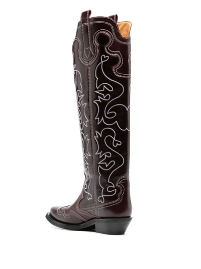 Shop Ganni Knee-high Embroidered Western Boots In Wine