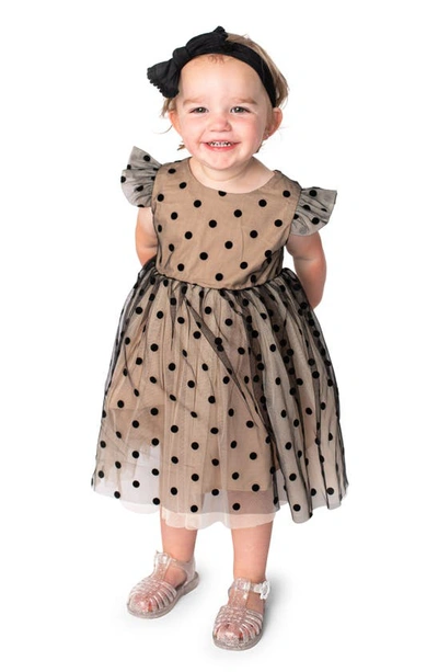 Shop Popatu Kids' Polka Dot Ruffle Sleeve Tulle Party Dress In Ivory/ Black