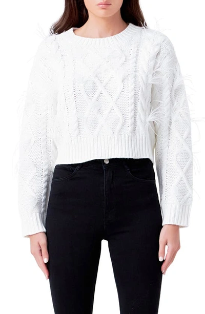 Shop Endless Rose Feather Trim Crop Sweater In Cream