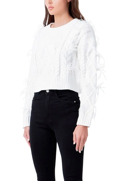 Shop Endless Rose Feather Trim Crop Sweater In Cream