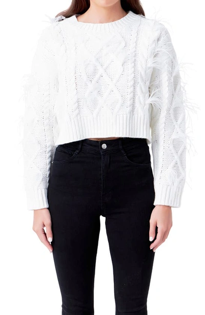 Shop Endless Rose Feather Trim Crop Sweater In Cream