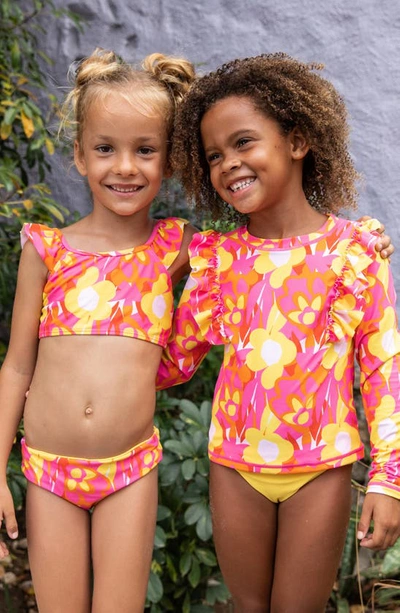 Shop Snapper Rock Kids' Pop Of Sunshine Ruffle One-piece Rashguard Swimsuit In Red