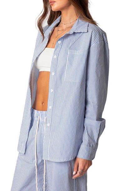 Edikted Oversize Pinstripe Cotton Button-up Shirt In Blue