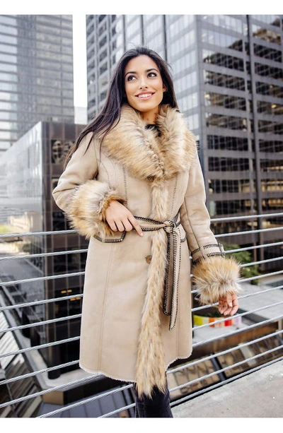 Shop Donna Salyers Fabulous-furs Dakota Belted Faux Suede Coat With Faux Fur Trim In Latte