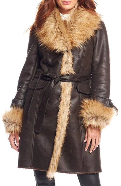 Shop Donna Salyers Fabulous-furs Dakota Belted Faux Suede Coat With Faux Fur Trim In Espresso