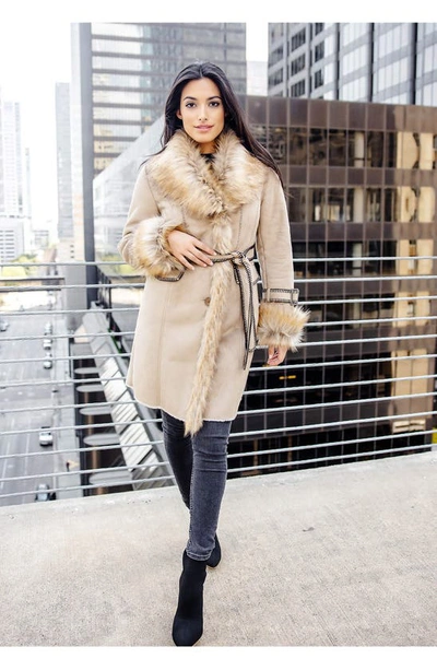 Shop Donna Salyers Fabulous-furs Dakota Belted Faux Suede Coat With Faux Fur Trim In Latte