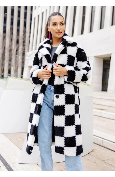 Shop Donna Salyers Fabulous-furs Donna Salyers Fabulous Furs Checkmate High Pile Fleece Longline Coat In Multi