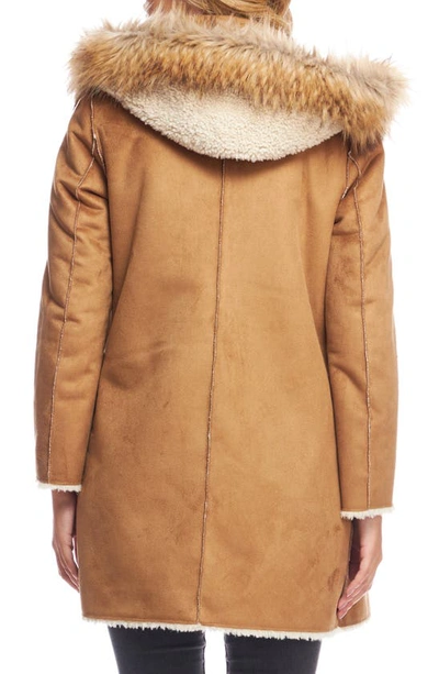 Shop Donna Salyers Fabulous-furs Summit Reversible Faux Shearling & Faux Suede Coat With Faux Fur Trim Hood In Tobacco