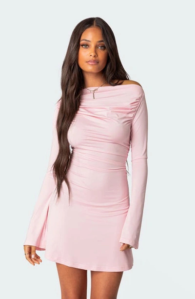 Edikted Leena Ruched Off The Shoulder Long Sleeve Minidress In Pink