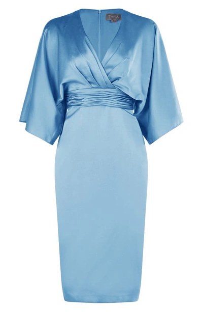 Shop Theia Blouson Sleeve Satin Cocktail Dress In Storm Blue