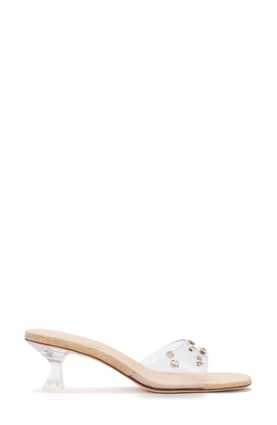 Shop Larroude Vivi Swarovski® Crystal Embellished Kitten Heel Slide Sandal In Vinyl Clear / Raffia Beige