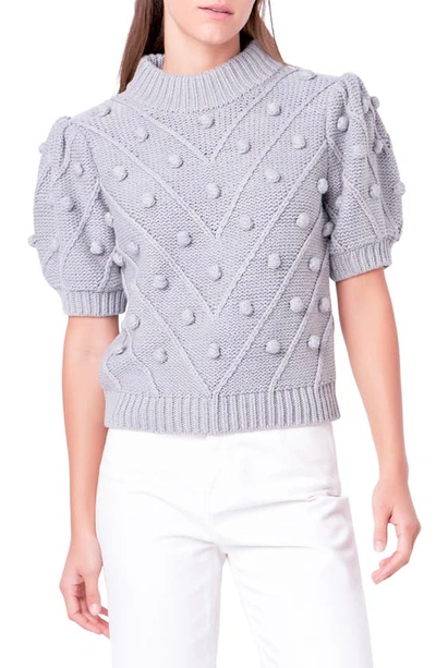 Shop English Factory Pompom Puff Sleeve Sweater In Heather Grey