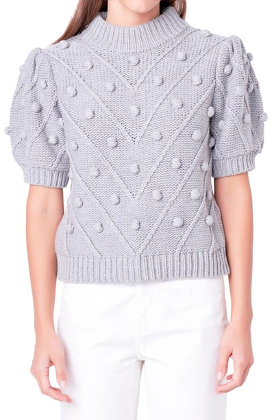 Shop English Factory Pompom Puff Sleeve Sweater In Heather Grey