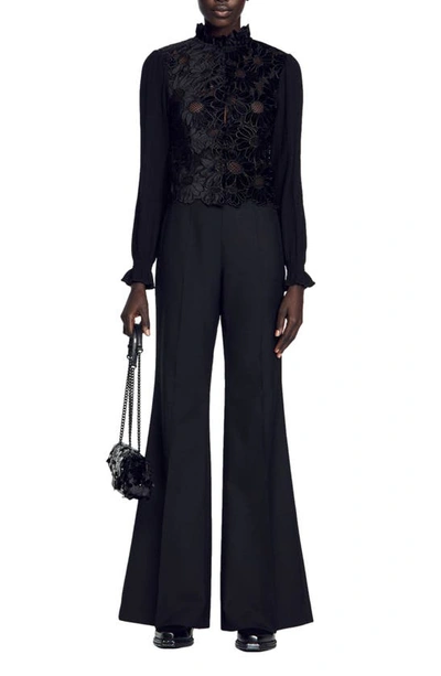 Sandro Guipure Velvet Top In Black