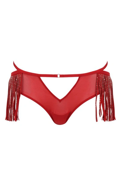 Shop Love, Vera Fringe Rhinestone Cutout High Waist Mesh Panties In Red