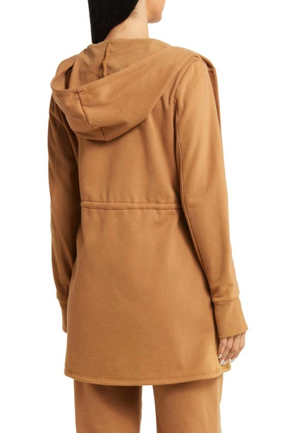 Shop Beyond Yoga On The Go Open Front Hooded Jacket In Toffee