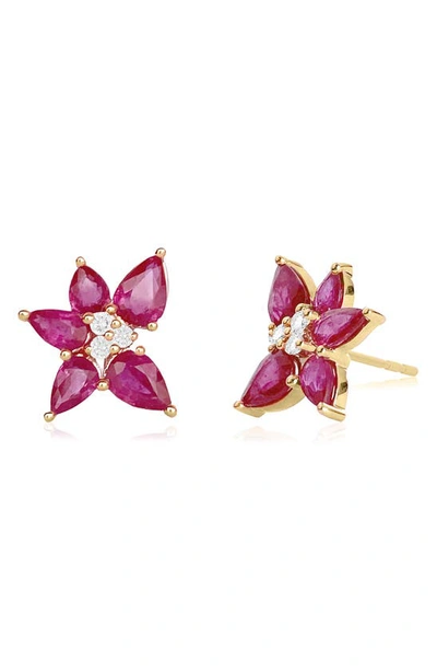 Shop Ef Collection Diamond Trio & Ruby Cluster Stud Earrings In 14k Yellow Gold