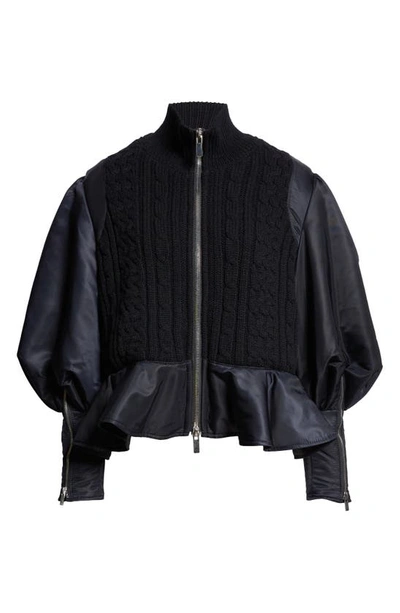 Shop Noir Kei Ninomiya Mixed Media Peplum Bomber Jacket In Black